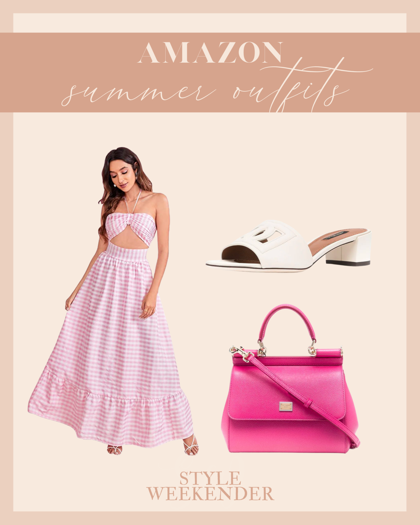 Graphic with Pink Gingham Dress, White Sandals, and Pink Purse