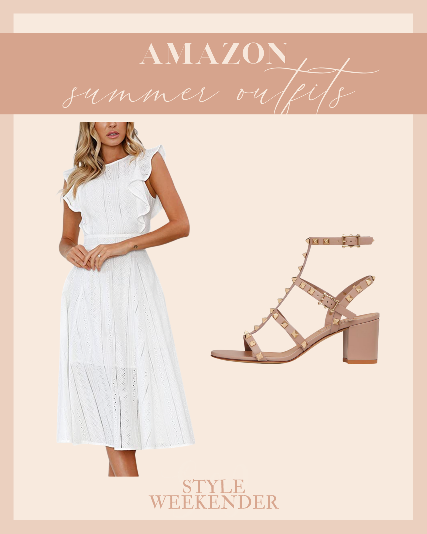 Graphic with White A-Line Dress and Studded Ankle Strap Sandals